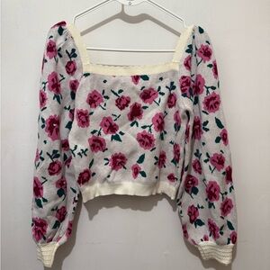 Floral Knit Sweater with Pink Roses